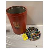 CAN W/ ANTIQUE MARBLES OF ALL KINDS - SOME GLOW