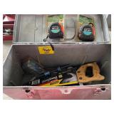 TOOLBOX W/ TAPE MEASURERS, HAND SAW, ETC