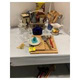 KITCHEN UTENCILS, BASKET, BLUE GLASS SALT &