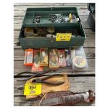 METAL FISHING TACKLE BOX W/ CONTENTS, FISHING