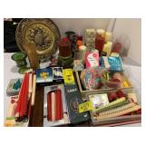 BRASS TRAY, CANDLES OF ALL KINDS, CANDLE HOLDERS,