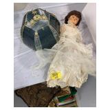 SMOKED GLASS SHADE, DOLL, TUB OF SOFT GOODS UNDER