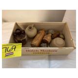 CIGAR BOX W/ ANTIQUE MINI JUGS, MINI CROCK BOWL,
