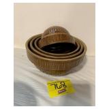 SET OF 4 BROWN GLAZE CROCK NESTING BOWLS