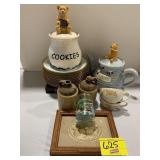 BEAR COOKIE JAR & POOH TEAPOT, STACK OF GOLD RIM