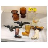 A&W MUG, 2 SMALL METAL EAGLES, GLASS & CERAMIC