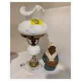 MILK GLASS ROSE LAMP, AUNT SARAH FIGURE