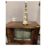 ORNATE CHERUB LAMP, MCM BOX TV CABINET