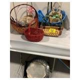 GROUP OF BASKETS OF ALL KINDS, METAL TRAYS UNDER