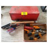SCREWDRIVERS, METAL TOOLBOX, HAMMER, ETC