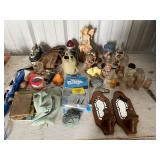 SPICE JARS, FIGURINES, WOOD CANDLE SCONCES W/