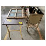 SEWING TABLE, WINDOW PANEL, POSSUM BELLY WASHTUB,