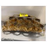 SET OF MID CENTURY GOLD-RIM GLASSES W/ CADDY