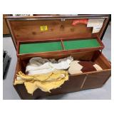 LANE CEDAR LINED TRUNK, TATTERED YELLOW QUILT,