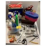 CLEANING SUPPLIES, ANTIQUE TRIMMERS, COOLER BAG,