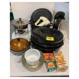 GRANITEWARE ROASTER, MILK GLASS DISH, COFFEE