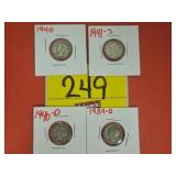 (4) MERCURY DIMES...1940-D, 1939-D, 1940, 1941-S