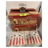 2 CASES OF CHRISTMAS GLASSES, UTENSIL SETS