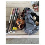 4 METAL BATS, BAG OF BALLS. BASEBALL GLOVES