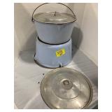 PAIR OF BLUE ENAMELWARE POTS W/ ALUMINUM LIDS