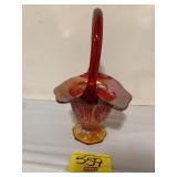 CADMIUM GLOWING AMBERINA CARNIVAL GLASS BASKET
