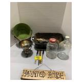 HAUNTED HOUSE WOOD SIGN, ENAMELWARE POT, GLASS