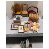 WOODEN DOLL CHAIRS, BASKETS, BOOKS, FRAMED WALL