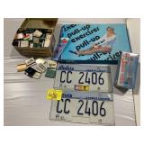 TIN OF MATCHBOOK COVERS, PULL UP EXERCISER,