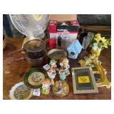 FAN, AMBER GLASS PANS, SANDWICH MAKER, FIGURINES,