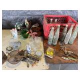 ANGEL FIGURINES, ANTIQUE KITCHEN UTENCILS, CRATE