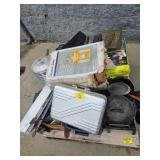 PALLET WITH CAST IRON DUTCH OVEN, AMMO BOXES,