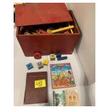 WOOD TRUNK FULL OF ANTIQUE TOYS, KIDS BOOKS, COIN