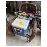 COOLER, PLASTIC WICKER CHAIR PAIR, SPRINKLER,