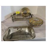 MID CENTURY LIDDED GLASS CASSEROLES, SILVERPLATE
