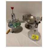 CRYSTAL DECANTER, SILVERPLATE DISH, BARWARE