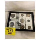 SHOWCASE W/ ANTIQUE FOREIGN COINS & TOKENS OF ALL