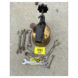 BRASS ANTIQUE TORCH, GROUP OF WRENCHES OF ALL