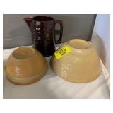 2 ANTIQUE CROCK MIXING BOWLS, BROWN GLAZE CROCK
