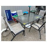 GLASS-TOP PATIO TABLE, UMBRELLA, 4 CHAIRS