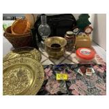 BRASS CHARGERS, METAL & GLASS OIL LAMP, BASKETS,