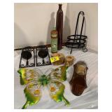 FLOWER VASES, METAL BUTTERFLY, METAL PLATE RACK,