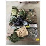 PALLET OF CAMO MILITARY ACCESSORIES & SUPPLIES