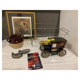 JEWEL CARRIAGE DECANTER, BRASS & PEWTER DUCK,