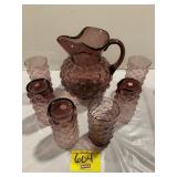 PURPLE BUBBLE GLASS PITCHER & GLASSES