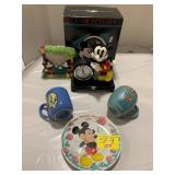 MICKEY CLOCK W/ BOX, MICKEY PLATE & PICTURE