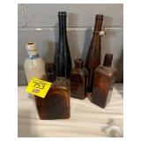GROUP OF ANTIQUE BOTTLES, SALT GLAZE CROCK BOTTLE