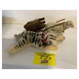 STEIFF ANTIQUE CAT, ANTIQUE SHEEP W/ WOOD CART