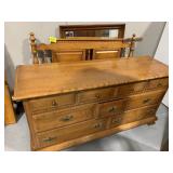 WOODEN DRESSER, MIRROR, HEADBOARD, METAL RAILS