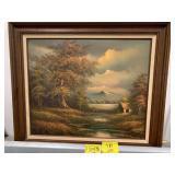 ARTIST SIGNED CABIN LAKE SCENE OIL ON CANVAS