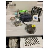 2 HAMPER BASKETS UNDER TABLE, FOOD NETWORK PAN,